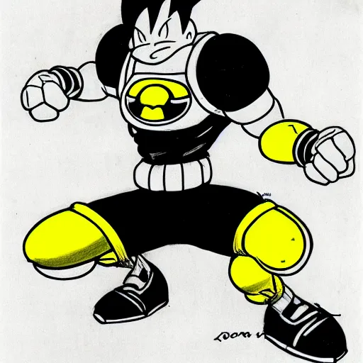 Image similar to a drawing of a cartoon character in yellow and black, concept art by Akira Toriyama, pixiv, neogeo, toonami, dynamic pose, official art