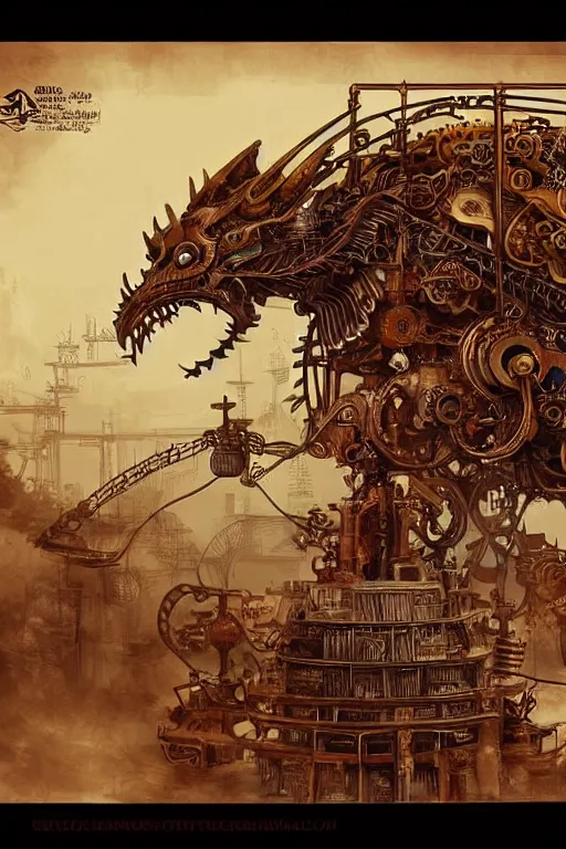 Image similar to illustration, old sick gold and crimsoned scaled asian style dragon on a steam punk plank of machinery with wires and gears and steam punk apparatus, matte painting, style of studio ghibli, featured in artstation and artgerm and pixiv, award winning, cinematic, intricate, 8 k