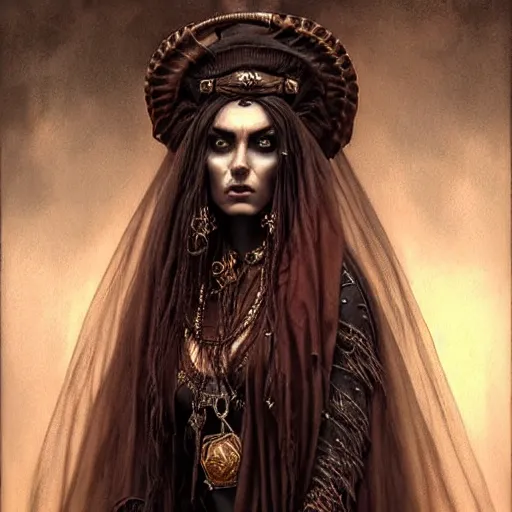 Image similar to portrait of a gypsy queen grim dark, dark, piercing eyes, exotic expression, esoteric clothing, photorealistic, highly detailed, mysterious lighting, artstation, smooth, sharp focus, art by michael whelan, artgerm, greg rutkowski and luis royo