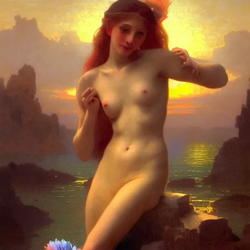 Prompt: a beautiful stunning interesting detailed fantasy whimsical matte digital portrait illustration of a mermaid with turqoise hair, and a yellow-orange and red-violet sunset, spectacular sunset, in the style of William Adolphe-Bouguereau and Marc Simonetti, magic the gathering, trending on artstation hq, contest winner