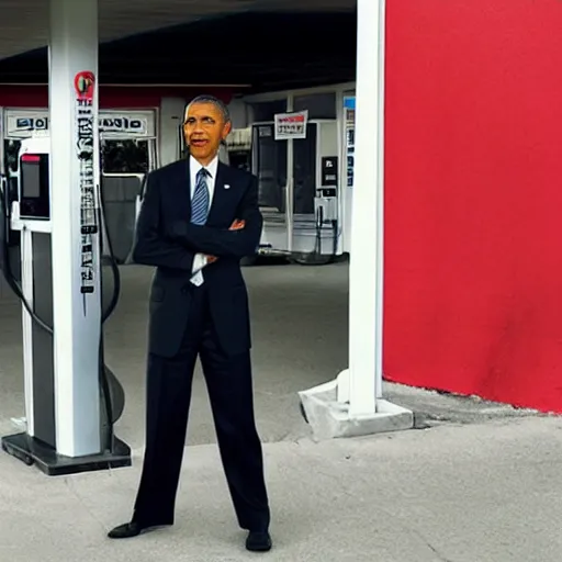 Image similar to barack obama, standing by a gas station, fresh fade haircut