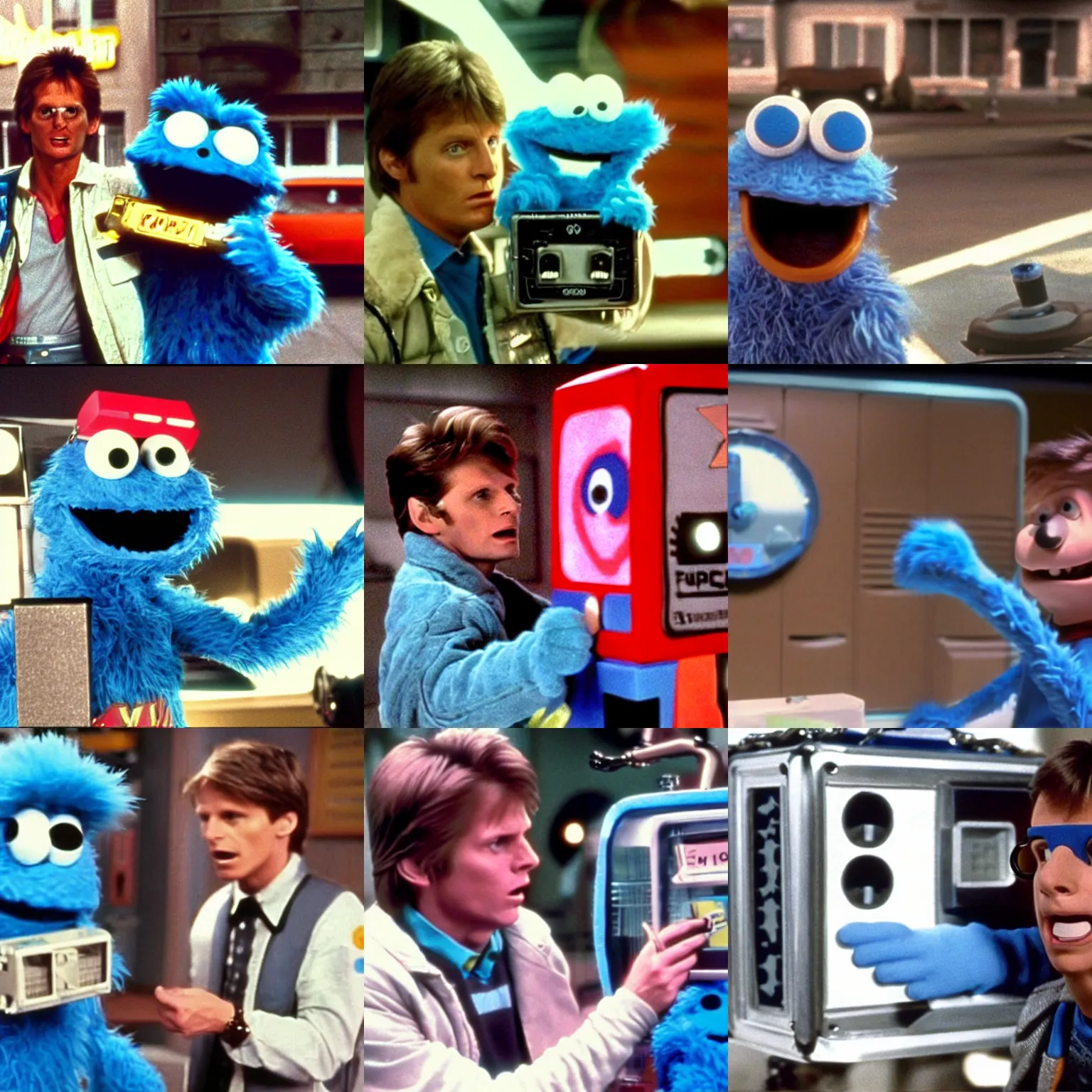Prompt: Cookie Monster as Marty Mcfly looking at the Flux capacitor, Still from Back to the Future (1985)