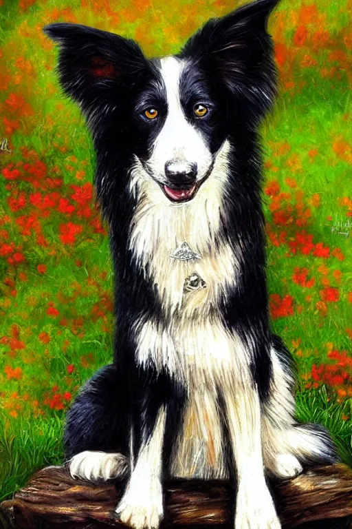 Prompt: sitting border collie with fantasy background by lilia alvarado