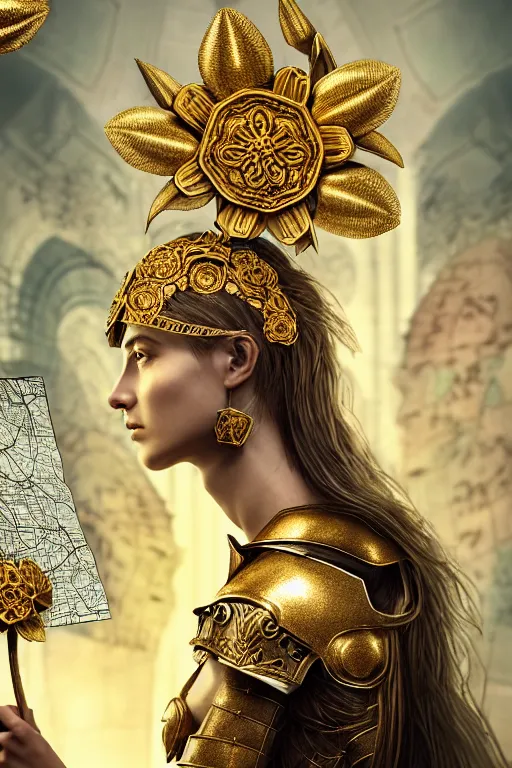 Image similar to hyperdetailed matte illustration of a female knight wearing an ornate gold headpiece and holding a flower with a map of the collective subconscious in the background by octane render