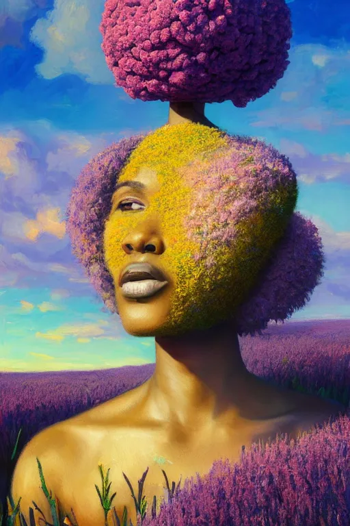 Image similar to closeup, giant flower as head, african woman in heather field, surreal photography, golden hour, colorful clouds, impressionist painting, digital painting, artstation, simon stalenhag