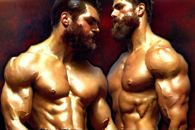 Prompt: 2 muscular attractive men, painting by gaston bussiere, craig mullins, greg rutkowski, alphonse mucha