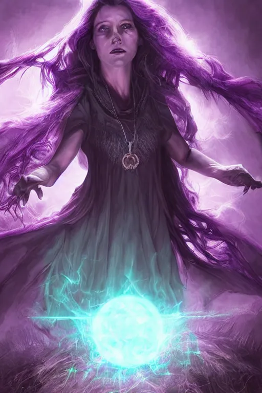 Prompt: a standing witch from D&D called Victoria conjuring a spell surrounded by violet rays and overlays, dark fantasy illustration, realistic, soft lighting, art by Artgerm and Peter tang,