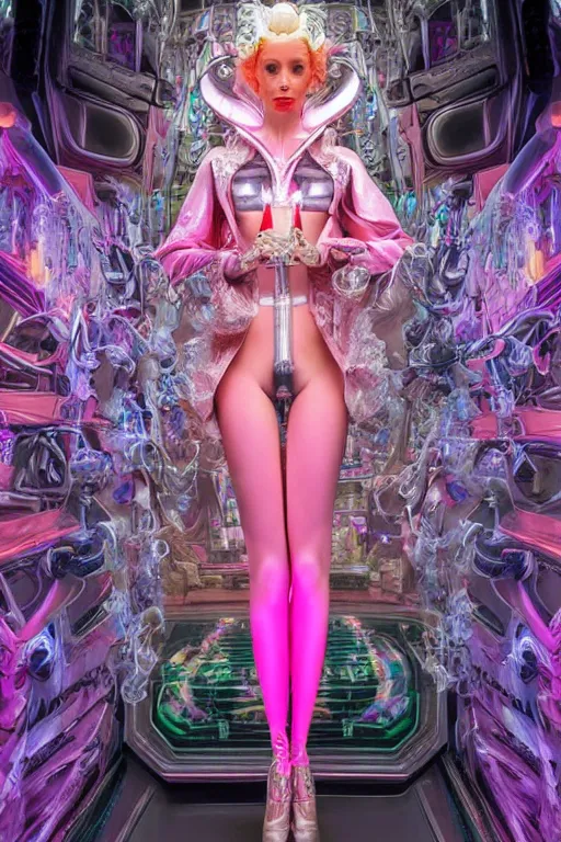 Image similar to full-body baroque and bladerunner style pink neon and chrome statue of a beautiful pale priestess robot goddess humanoid wearing a see-through silk kimono, falling from the ceiling, glowing peach face, street hoody of red steampunk lasers, emeralds, swirling silver silk fabric. futuristic elements. oozing glowing liquid, full-length view. space robots. human skulls. throne made of bones, intricate artwork by caravaggio. Trending on artstation, octane render, cinematic lighting from the right, hyper realism, octane render, 8k, depth of field, 3D