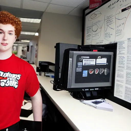 Image similar to 21 year old Jimmy John’s manager with pale skin and reddish brown curly hair is wearing a sleeveless black top and tapping a computer screen on the wall