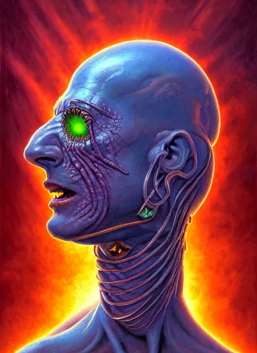 Prompt: cinematic bust portrait of psychedelic shaman, head and chest only, exotic alien features, Tim Hildebrandt, Wayne Barlowe, Bruce Pennington, donato giancola, larry elmore, oil on canvas, masterpiece, trending on artstation, featured on pixiv, cinematic composition, dramatic pose, beautiful lighting, sharp, details, hyper-detailed, HD, HDR, 4K, 8K