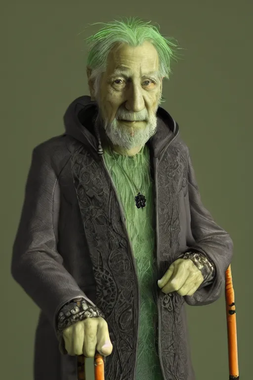 Prompt: portrait of an old man wearing layered black clothes with an elaborate walking stick that emits a soft green glow from an emerald at the top in an orange environment, Atmosphere. Realistic. Concept art. V-ray. Ultra HD. 8K. Sharp details. 50mm. f/3.5.