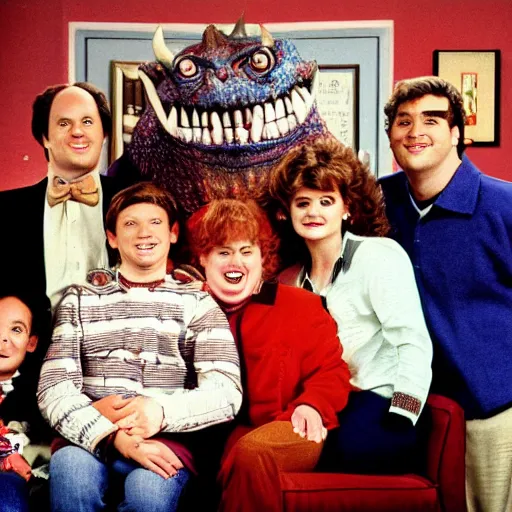 Image similar to vintage 1 9 9 0's sitcom photo, a happy photogenic family and a large giant evil demonic horrifying angry detailed monstrous demon creature inside a 1 9 8 0's sitcom living room