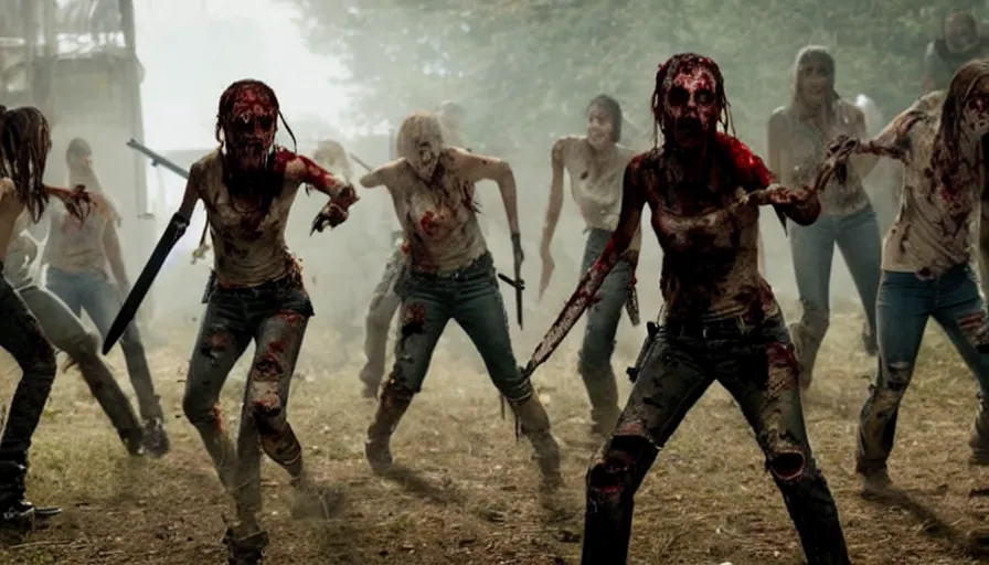 Image similar to full - body action shot of a well - armed female with tattered, blood - soaked clothing, using a sword to fight a horde of the walking dead, in the style of ready player one