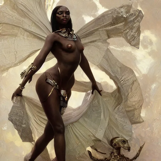 Image similar to african domme mistress, full body, dominatrix, tribal, smooth white tight clothes suit, ornate, very beautiful, concept art, realistic painting, androgynous, afrofuturism, daz 3 d, cinematic, cgsociety, digital art by greg rutkowski, by alphonse mucha