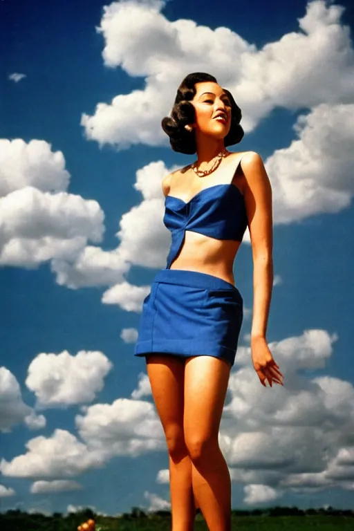 Prompt: full body portrait of megan good in the style of bill medcalf, mario testino, blue sky with a few clouds, retro, 1 9 5 0, 4 k, detailed, 1 / 3 headroom, cinematic rule of thirds