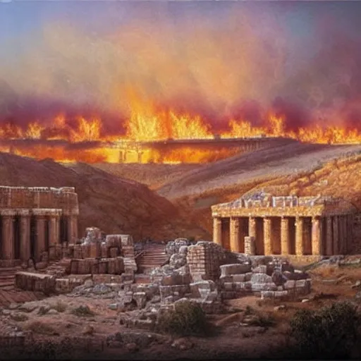 Image similar to a beautiful detailed and realistic matte painting of Herod’s Temple in Jerusalem aflame