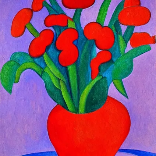 Image similar to a painting of red flowers in a blue vase, a gouache by tarsila do amaral, pinterest contest winner, fauvism, fauvism, oil on canvas, acrylic art