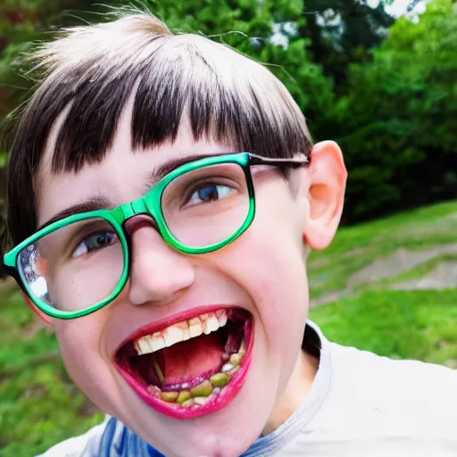 Image similar to an annoying nerd, buck teeth, bowl cut, fisheye lens