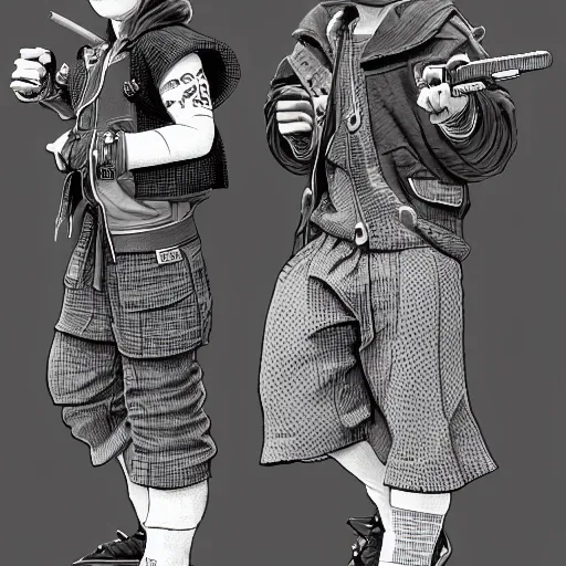 Prompt: rpg character concept art, twin brothers being cute and gangsta, intricate detail, in the style of jamie hewlett killian eng kawase hasui riyoko ikeda, 3 d render, artstation trending, 8 k, octane render, photorealistic, sharp detail, manga, black and white