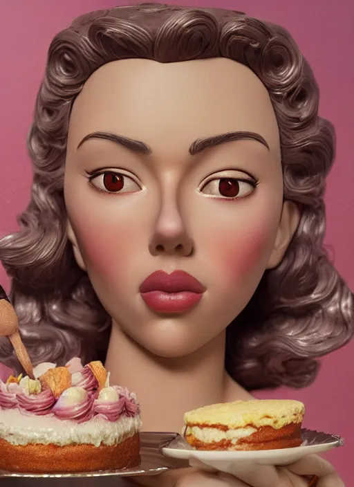 closeup of a tin toy scarlett johansson eating cakes, | Stable ...