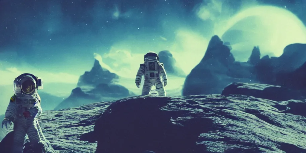 Prompt: vintage polaroid analog photo of a female astronaut on an alien planet, scifi, gigantic mountains, big clouds, lit from behind, 8k, unreal engine, warm azure tones, color bleed, film grain