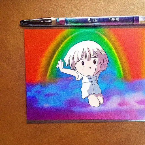 Image similar to guilt as a ghibli studio character, supernatural, sharpness. clean, rainbow colours