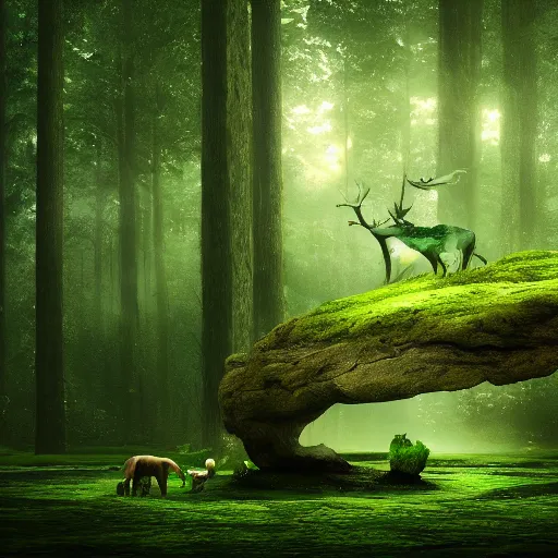 Image similar to deep forest with mystical creatures, rendered in octane, magic, love energy, nature, lush green environment, rendered octane