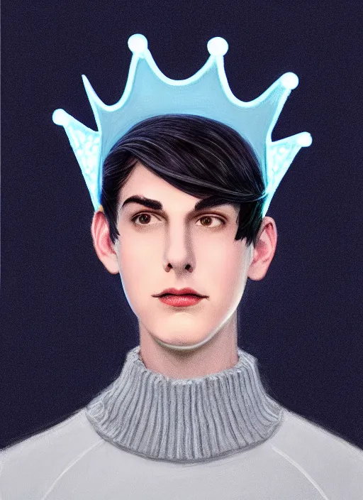 Image similar to portrait of teenage jughead jones wearing a light grey crown, crown, blue turtleneck, 1 9 5 0 s, closed eyes, photorealistic, black hair, glowing lighting, intricate, elegant, glowing lights, highly detailed, digital painting, artstation, concept art, smooth, sharp focus, illustration, art by wlop, mars ravelo and greg rutkowski