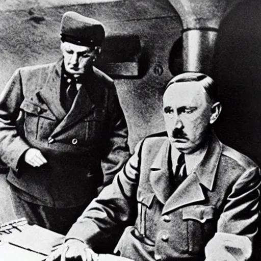 Prompt: Hitler sitting in his bunker teaching Vladimir Putin his skills,