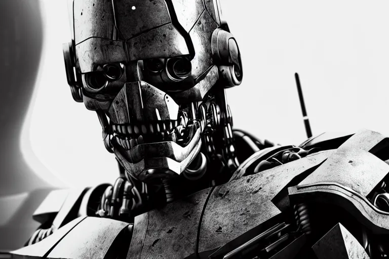 Image similar to still photo of a iron age war cyborg looking at the camera in a battlefield, black and white color aesthetic, highly detailed, photorealistic portrait, bright studio setting, studio lighting, crisp quality and light reflections, unreal engine 5 quality render