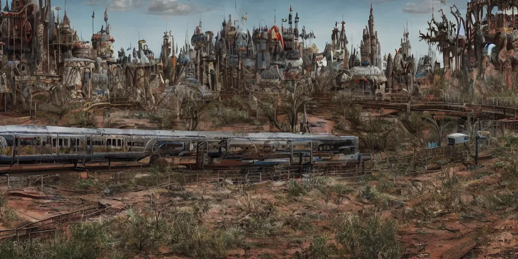 Image similar to post - apocalyptic magic kingdom, wasteland, barren, monorail, abandoned, walt disney world, highly detailed, intricate, 8 k