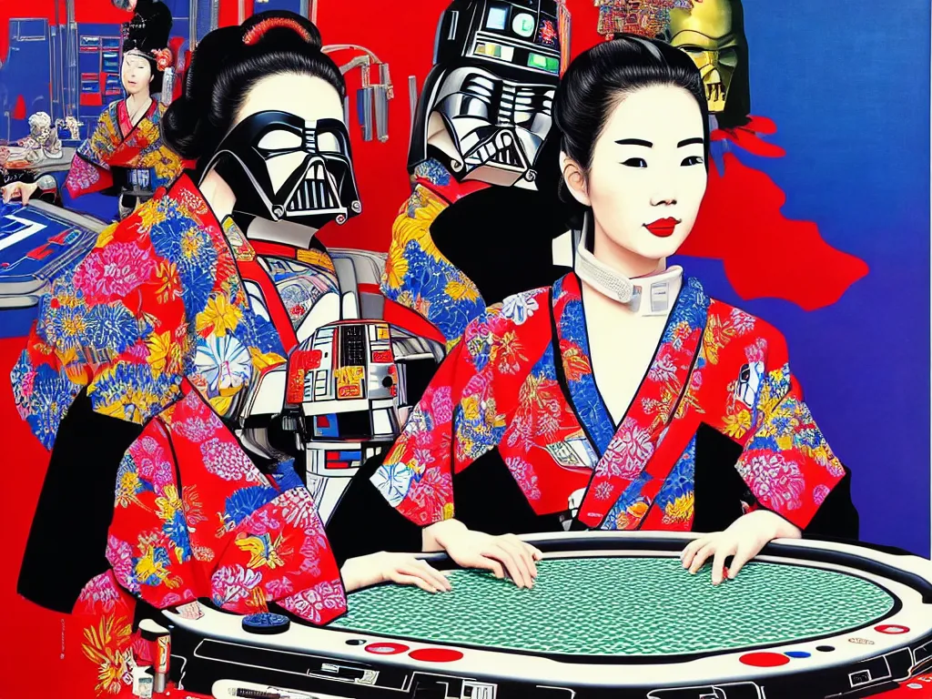 Prompt: hyperrealistic composition of the detailed woman in a japanese kimono with a ( ( c 3 p 0 ) robot head sitting at a extremely detailed poker table with darth vader, fireworks, mountain fuji on the background, pop - art style, jacky tsai style, andy warhol style, acrylic on canvas