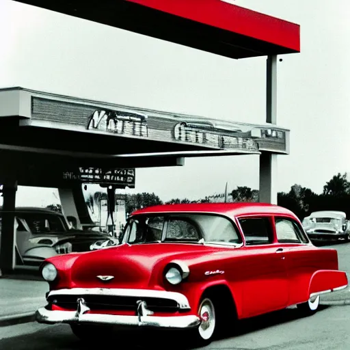 Prompt: stylized photo of a red car at a gas station in 1956