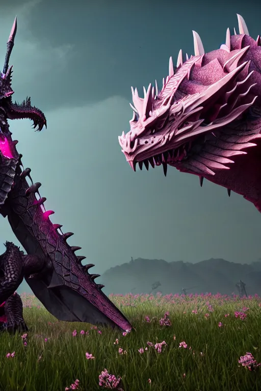 Image similar to high quality 3 d neo - gothic armored human dragon hybrid with sword in a field of pink flowers, highly detailed unreal engine, vitaly bulgarov dramatic dark teal light, ground angle hd 8 k, sharp focus