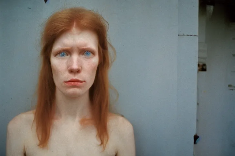 Prompt: close up portrait photography of a symmetric white ginger woman face with blue eyes, soft light, 35mm, film photo, Joel Meyerowitz