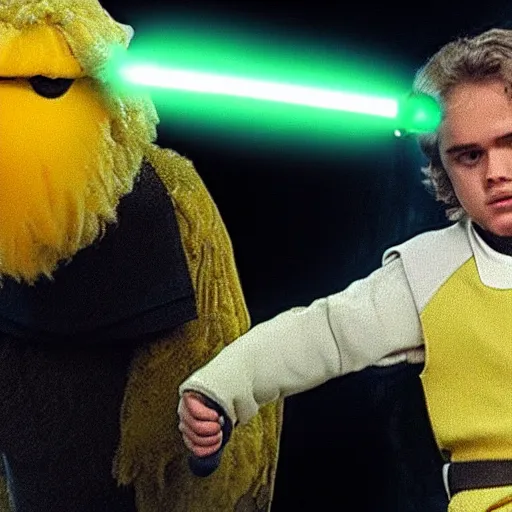 Image similar to anakin skywalker kills big bird with a lightsaber, dramatic, cinematic, hyperrealistic, epic