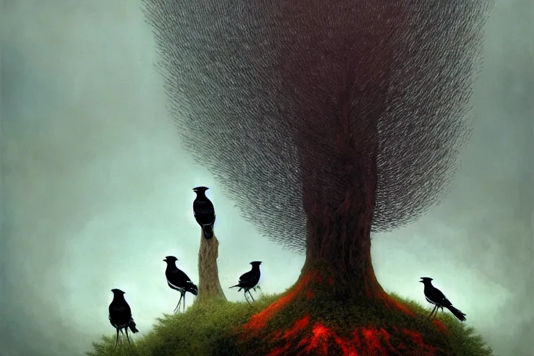 Prompt: a magpie family hosting their magpie relatives on top of a pine tree, in the style of rafał olbinski, in the style of beksinski, in the style of gediminas pranckevicius, intricate and epic composition, red by caravaggio, insanely quality, highly detailed, masterpiece, purple light, artstation, 4 k