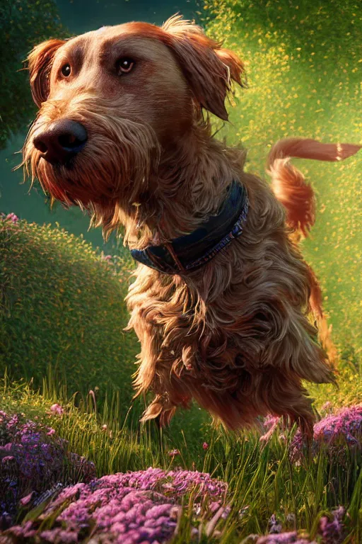 Prompt: dog, ultra hd, Painting By John Howe, unreal 5, DAZ, hyperrealistic, octane render, dynamic lighting, intricate detail, summer vibrancy, cinematic