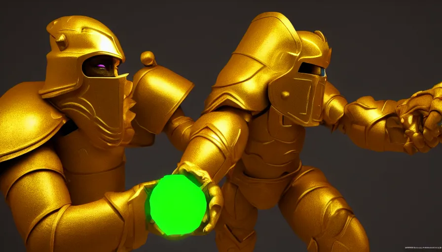 Image similar to the jade golem fights the golden knight, octane render, dynamic lights and shadow, raytracing, photorealistic render, digital art, wallpaper,
