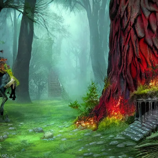 Image similar to fantasy forest, lush, epic fantasy, dark cyan accents, dark red accents