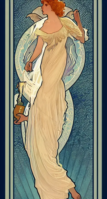 Image similar to a tarot card of a woman, hovering over water with angel wings and she is pouring water between two cups. illustrated in an art deco style by alphonse mucha and an elegant border by tamara de lempika. | studio lighting | digital painting, stunning lighting, trending on artstation