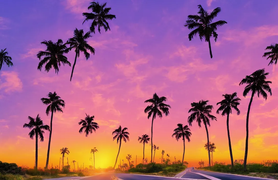 Prompt: a vaporwave landscape with palm trees at the sides of an highway, the sun setting in the background, orange and purple tones, high definition, 8 k, lo - fi, aesthetic