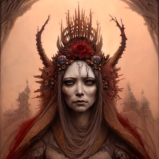 Prompt: a beautiful detailed 3d matte painting of female empress of the dead, by ellen jewett, tomasz alen kopera and Justin Gerard, symmetrical features, ominous, magical realism, texture, intricate, ornate, royally decorated, skull, skeleton, whirling smoke, embers, red adornements, red torn fabric, radiant colors, fantasy, trending on artstation, volumetric lighting, micro details, 3d sculpture, ray tracing, 8k