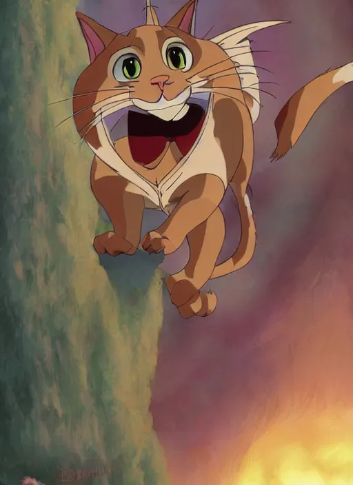 Image similar to official digital painting artwork of a cat character by don bluth, ross tran and studio ghibli.