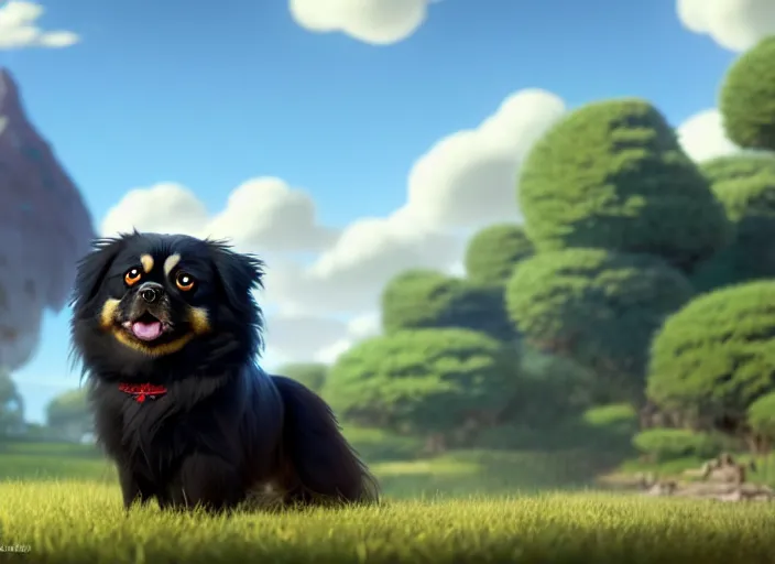 Image similar to a wholesome animation key shot of a black tibetan spaniel, in spain, studio ghibli, pixar and disney animation, sharp, rendered in unreal engine 5, anime key art by greg rutkowski, bloom, dramatic lighting