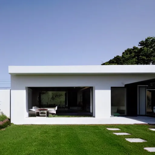 Image similar to Modern gable roofed Farmhouses compound, garden, white block fence,
