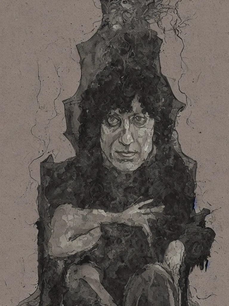 Image similar to portrait of king neil gaiman on his throne, in the style of mike dringenberg and dave mckean