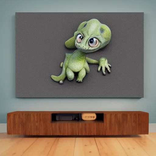 Image similar to a cute baby dinosaur with big eyes, 3d model, shaded, matte on canvas