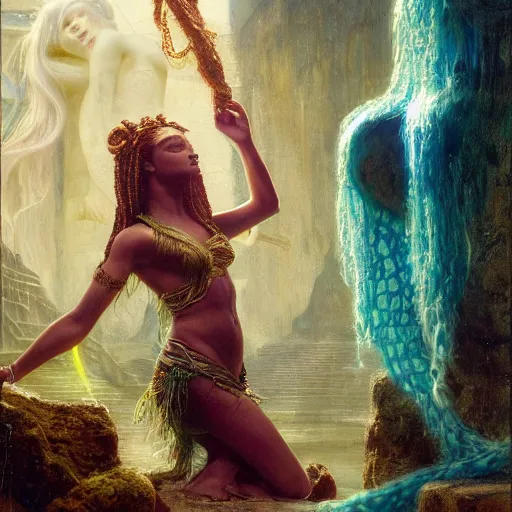 Image similar to birth of mami wata, sumerian goddess inanna ishtar, ashteroth, techno mystic goddess princess intergalactica, with aqua neon rapunzel dreadlocks, mami wata, detailed, by gaston bussiere, bayard wu, greg rutkowski, giger, maxim verehin, greg rutkowski, masterpiece, sharp focus,