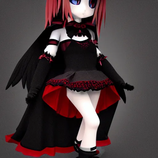 Image similar to cute fumo plush of a gothic maiden in a dark black uniform with a red cape, laces and ribbons, soft shadow, anime girl, vray, symmetry